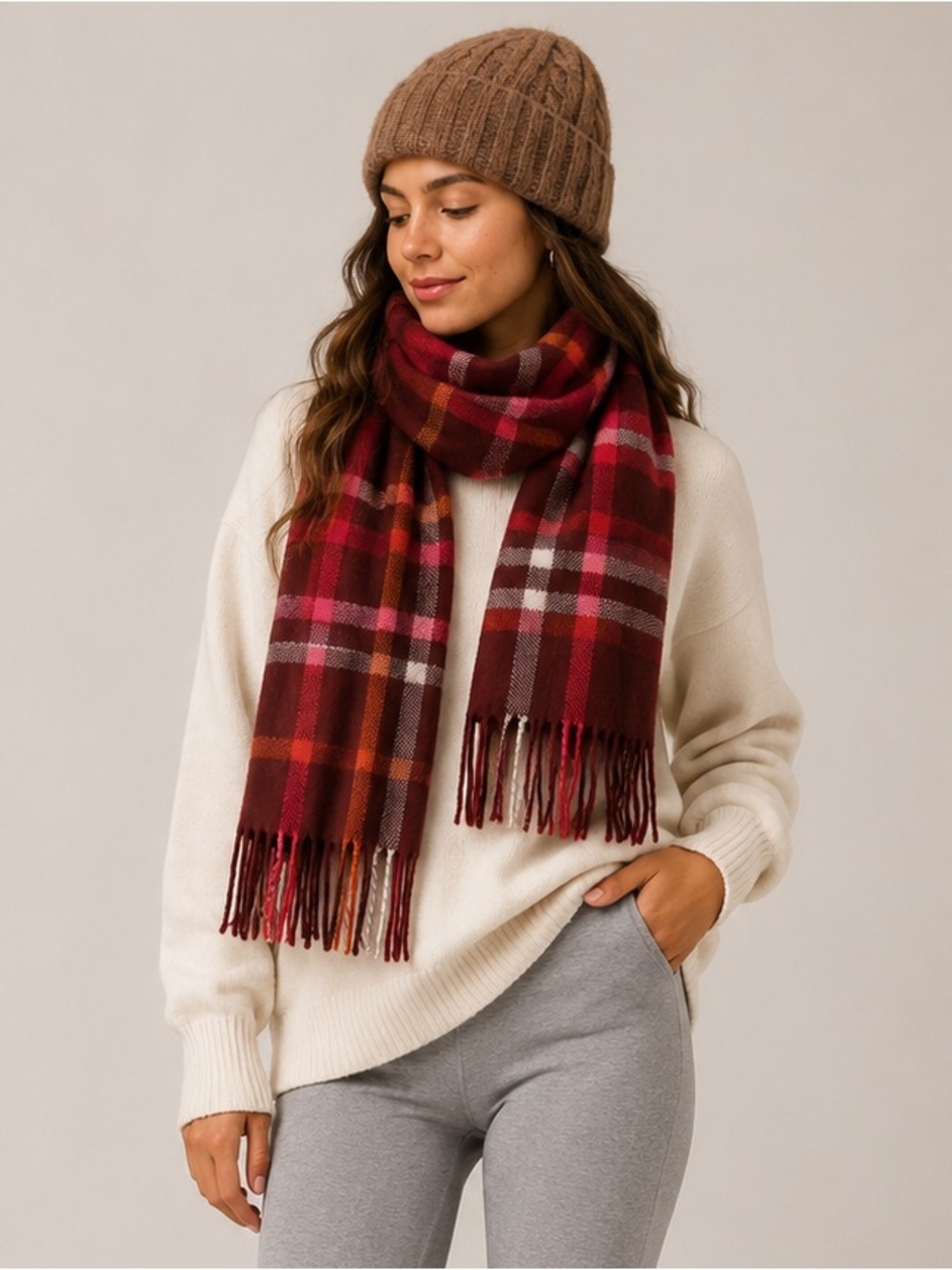 V. FRAAS Red Pink Brown Plaid Scarf Winter Wrap OS
